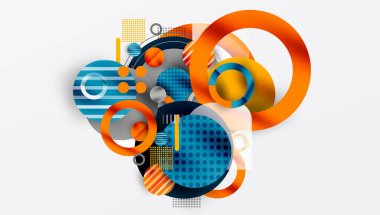 Üst üste binen daireler, kareler, çizgiler içeren soyut bir kompozisyon. Canlı turuncu, mavi, gri tonlar dinamik görsel efekt yaratır. Modern tasarım.