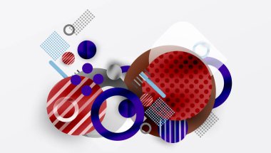 Soyut kompozisyon. Üst üste binen şekiller, daireler, çizgiler dinamik görsel efekt yaratır. Kırmızı, mavi, gri baskın palet. Modern tasarım.