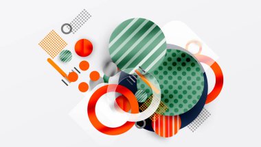 Soyut geometrik şekiller çakışıyor. Daireler, çizgiler, noktalar dinamik kompozisyon oluşturur. Turuncu, yeşil, donanma baskın palet. Modern tasarım elemanları.