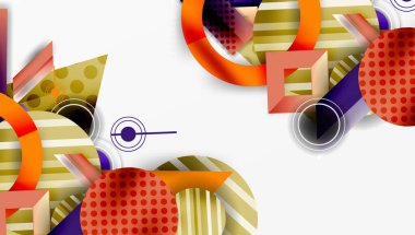 Soyut geometrik şekiller örtüşür ve canlı bir bileşim yaratır. Çemberler, kareler, çizgiler modern tasarımı oluşturur. Renkler arasında turuncu, mor, yeşil.