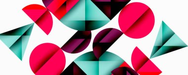 Soyut geometrik şekiller çakışıyor. Canlı renkler dinamik bileşim yaratır. Minimalist tasarım, modern estetik.