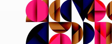 Soyut geometrik bileşim. Çemberler, yarım daireler dinamik desenler oluşturarak kesişir. Kalın renkler beyaz arkaplanı karşılar. Modern tasarım.