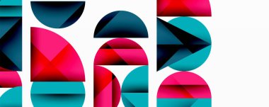 Soyut geometrik şekiller örtüşür ve canlı bir bileşim yaratır. Pembe, deniz mavisi, koyu mavi baskın tasarım. Modern estetik.