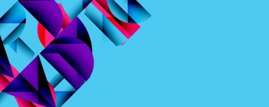 Soyut geometrik şekiller, canlı renkler kompozisyona hakim. Mavi arkaplan karşıtlık sağlar, modern tasarım estetik.