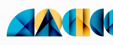 Geometrik şekiller soyut harfler oluşturur. Mavi, sarı renkler dizaynın hakimi. Minimalist tarz, temiz çizgiler modern estetik sunar.