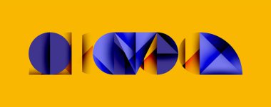 Soyut geometrik şekiller kelime androidi oluşturur. Mavi, turuncu renkler parlak sarı arkaplana hakim. Modern tasarım, dijital estetik.