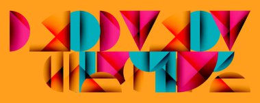 Soyut geometrik şekiller örtüşür, canlı renkli desenler yaratır. Kalın tasarım gölgeler, derinlik ve sıcak tonlar kullanır.