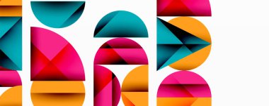 Soyut geometrik şekiller örtüşür ve canlı bir bileşim yaratır. Renkler arasında pembe, deniz mavisi, turuncu, kırmızı var. Modern tasarım elemanları.