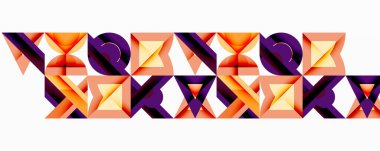 Soyut geometrik desen. Turuncu, mor şekiller tekrar ediyor desenli şeritler oluşturuyor. Modern tasarım ögesi.