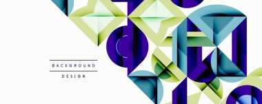 Soyut geometrik şekiller örtüşür, canlı görsel doku oluşturur. Mavi, yeşil, mor renkler kompozisyona hakim. Modern tasarım ögesi.