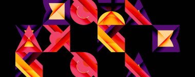 Soyut geometrik şekiller, canlı renkler, koyu arkaplan. Bileşik özellikler üst üste binerek, dinamik görsel etki yaratır.