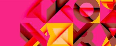 Soyut geometrik şekiller, canlı renkler, üst üste binen formlar dinamik bileşim oluşturur. Pembe arka planda baskın.