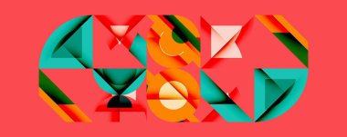 Soyut geometrik bileşim. Şekiller çakışıyor, dinamik görsel etki yaratıyor. Renkler arasında turuncu, deniz mavisi, kırmızı, yeşil yer alıyor. Modern tasarım.