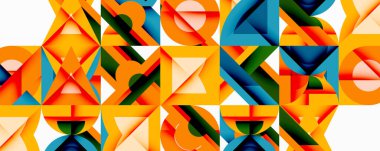 Soyut geometrik şekiller örtüşür, canlı renkli desenler yaratır. Turuncu, sarı, yeşil, mavi baskın kompozisyon.