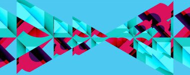 Soyut geometrik desen. Canlı turkuaz, morumsu, siyah şekiller simetrik tasarım yaratır. Modern dijital resimleme.