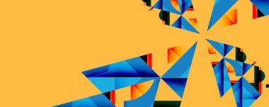 Soyut geometrik şekiller görüntüye hükmediyor. Mavi, turuncu renkler dinamik görsel efekt yaratır. Modern tasarım, mevcut temiz çizgiler.