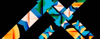 Soyut geometrik şekiller örtüşür, dinamik bileşim yaratır. Parlak renkler koyu arkaplan ile tezat oluşturur. Modern tasarım elemanları.