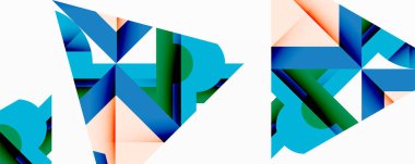 Soyut geometrik şekiller çakışıyor, dinamik görsel desen oluşturuyor. Mavi, yeşil, şeftali rengi kompozisyona hakim. Modern tasarım ögesi.