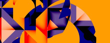 Soyut geometrik bileşim. Kalın renkler, keskin açılar, dinamik şekiller modern görsel etki yaratır. Turuncu, mor, siyah egemen.