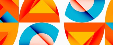 Soyut geometrik şekiller, canlı renkler, gradyanlar. Bileşim üçgenleri, kıvrımları, üst üste binen formları içerir. Modern tasarım, temiz estetik.