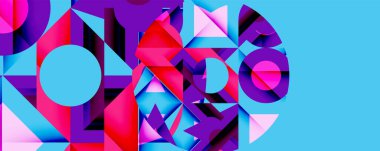 Soyut geometrik bileşim. Canlı renkler, şekiller örtüşüyor dinamik görsel deneyimler yaratıyor. Modern tasarım elemanları.