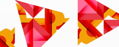 Soyut geometrik şekiller, canlı renkler, üst üste binen üçgenler dinamik bileşim oluşturur. Modern tasarım elementleri cesur görsel etki sunar.