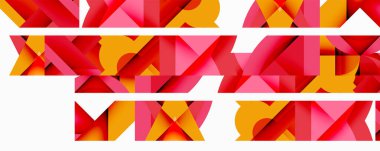 Soyut geometrik desen. Canlı renkler, üst üste binen şekiller dinamik görsel doku yaratır. Kırmızı, turuncu, pembe baskın kompozisyon.