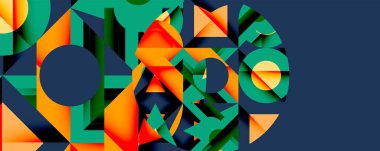 Soyut geometrik bileşim. Üst üste binen şekiller dinamik görsel doku yaratır. Koyu arkaplan ile parlak renkler karşıtlığı.