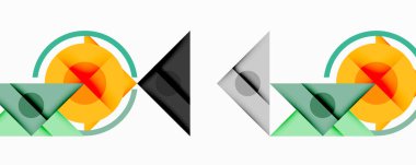 Soyut geometrik tasarımlar. Üst üste binen şekiller dinamik bileşimler yaratır. Sıcak, serin renkler kontrastı, görsel ilgi yaratıyor. Minimalist stil.