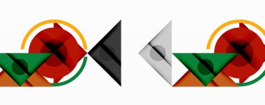 Soyut geometrik kompozisyonlar. Çemberler, üçgenler, kareler üst üste binerek dinamik görsel denge oluşturuyor. Sıcak, serin renkler keskin bir kontrast.