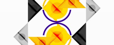 Soyut geometrik tasarım. Sarı, mor, gri, siyah şekiller kesişiyor. Modern bileşim, simetrik desen, canlı renkler.