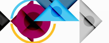 Soyut geometrik şekiller çakışıyor. Daireler, üçgenler, kareler dinamik bileşim oluşturur. Renkler arasında mor, mavi, sarı, gri var. Minimalist tasarım.