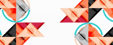 Soyut geometrik şekiller örtüşür, dinamik desenler yaratır. Renkler arasında turuncu, gri, kırmızı, turkuaz yer alıyor. Minimalist tasarım.