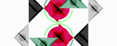 Soyut geometrik desen. Şekiller örtüşüyor, simetrik tasarım yaratıyor. Renkler arasında pembe, yeşil, gri, siyah var. Minimalist stil.