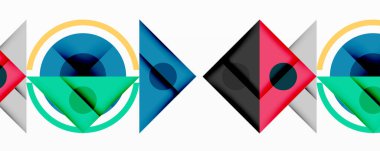 Soyut geometrik şekiller çakışıyor, renkli desenler yaratıyor. Çemberler, üçgenler, elmaslar kompozisyona hakim. Minimalist tasarım, modern estetik.