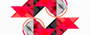 Soyut geometrik desen. Kırmızı, gri, siyah şekiller kesişiyor. Turuncu kavisler görsel ilgi ekliyor. Minimalist tasarım, simetrik kompozisyon.