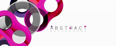 Parlak daireler örtüşüyor, dinamik soyut kompozisyon oluşturuyor. Pembe, mor, gri tonlar beyaz alana hükmediyor. Modern tasarım ögesi.