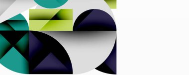Soyut geometrik bileşim. Üst üste binen şekiller, daireler, üçgenler modern görsel tasarım yaratır. Parlak renkler koyu tonlarla karşıtlık.