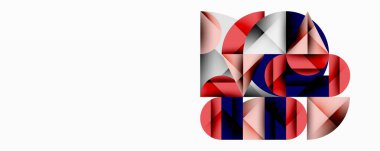 Soyut geometrik bileşim. Kırmızı, beyaz, donanma şekilleri örtüşüyor ve dinamik görsel ilgi yaratıyor. Modern tasarım elemanları.