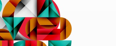 Soyut geometrik şekiller örtüşür ve canlı bir bileşim yaratır. Kırmızı, deniz mavisi, altın renkleri dizaynın hakimi. Minimalist stil.