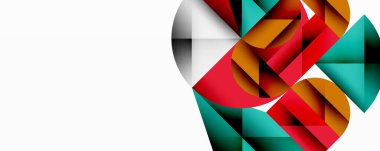 Soyut geometrik bileşim. Şekiller çakışıyor, dinamik görsel etki yaratıyor. Renkler arasında kırmızı, yeşil, altın, siyah, beyaz.