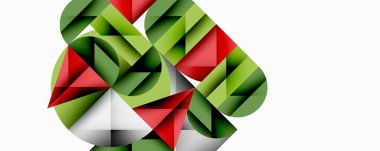 Soyut geometrik tasarım. Birbirine kenetlenmiş şekiller dinamik bileşimler yaratır. Yeşil, kırmızı, gri renkler görsel alana hakim. Modern estetik.