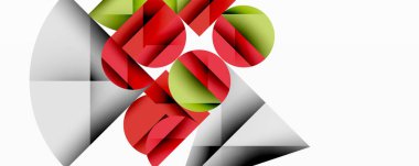 Soyut geometrik bileşim. Daireler, üçgenler üst üste binerek dinamik görsel efekt yaratır. Kırmızı, yeşil, gri renkler tasarımda baskın..