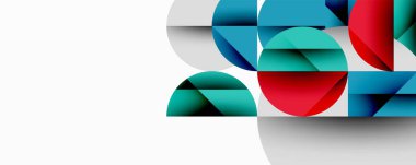 Soyut geometrik şekiller örtüşür, canlı renk blokları oluşturur. Mavi, kırmızı, turkuaz baskın kompozisyon. Minimalist tasarım.