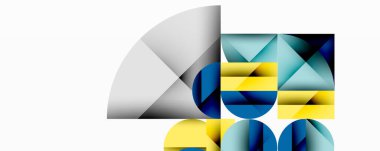 Soyut geometrik bileşim. Şekiller örtüşüyor, dinamik görsel ilgi yaratıyor. Mavi, sarı, gri tonlar tasarımda baskın. Minimalist estetik.