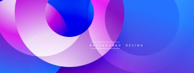 Soyut kompozisyon. Üst üste binen çemberler canlı gradyanlar yaratır. Mavi, mor, pembe renkler dizaynın hakimi. Modern estetik.