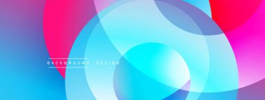 Soyut, enerjik çemberler çakışıyor. Renkler, maviler, morlar, pembeler modern görsel efektler yaratır. Yumuşak geçişler kompozisyona hakim..
