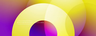 Soyut, enerjik çemberler çakışıyor. Renkler karışık mor, sarı, pembe. Modern tasarım dinamik görsel etki yaratır.