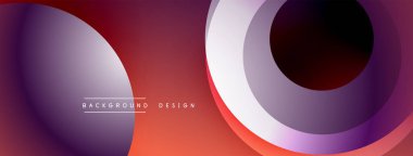 Soyut şekiller örtüşüyor, canlı gradyanlar yaratıyor. Mor, kırmızı renkler kompozisyona hakim. Modern tasarım ögesi.