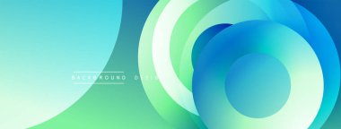 Soyut tasarım katmanlı daireler, gradyanlar içerir. Mavi, yeşil renkler modern görsel efektler yaratır. Minimalist biçim, temiz sunum.